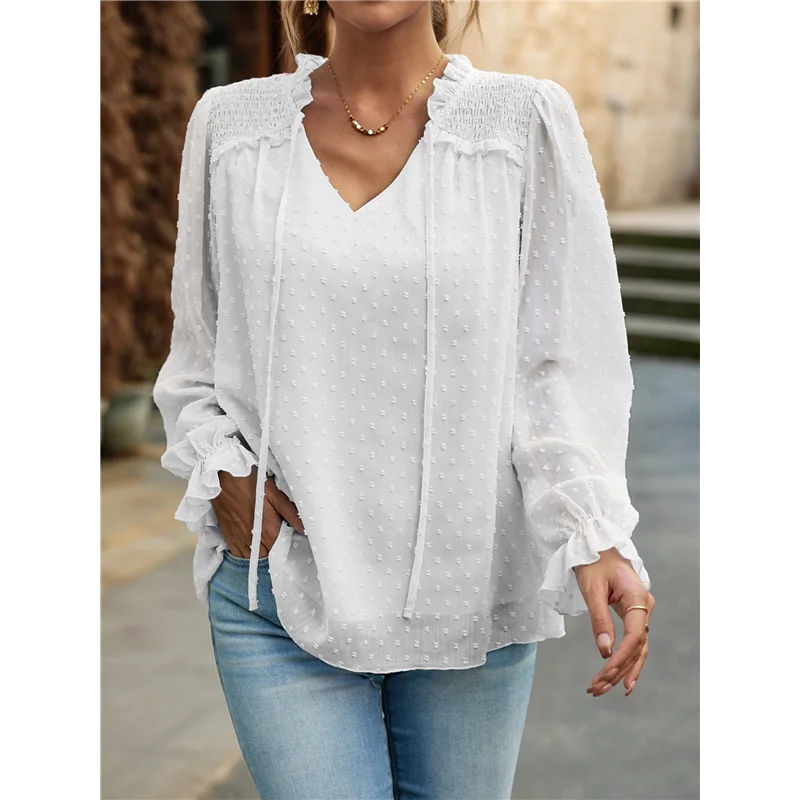 NEW-レディース カジュアル ブラウス スイス ドット サマー シャツ エレガント V ネック 長袖 ルーズ ドレッシー オフィス トップス