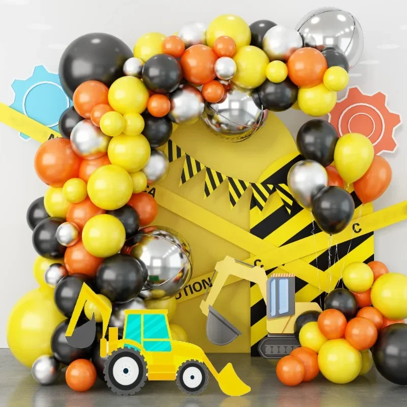 79pcs, Orange Black Yellow Silvery Construction Party Balloon Garland Kit for Birthday Party Decoration Supply, Globos balloon