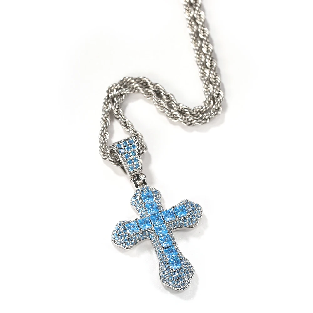 TBTK 2 Sizes Colorful Cross Pendant Iced Out Colorful BaguetteCubic Zirconia Charm Fashion Necklace Hiphop Jewelry For Gift