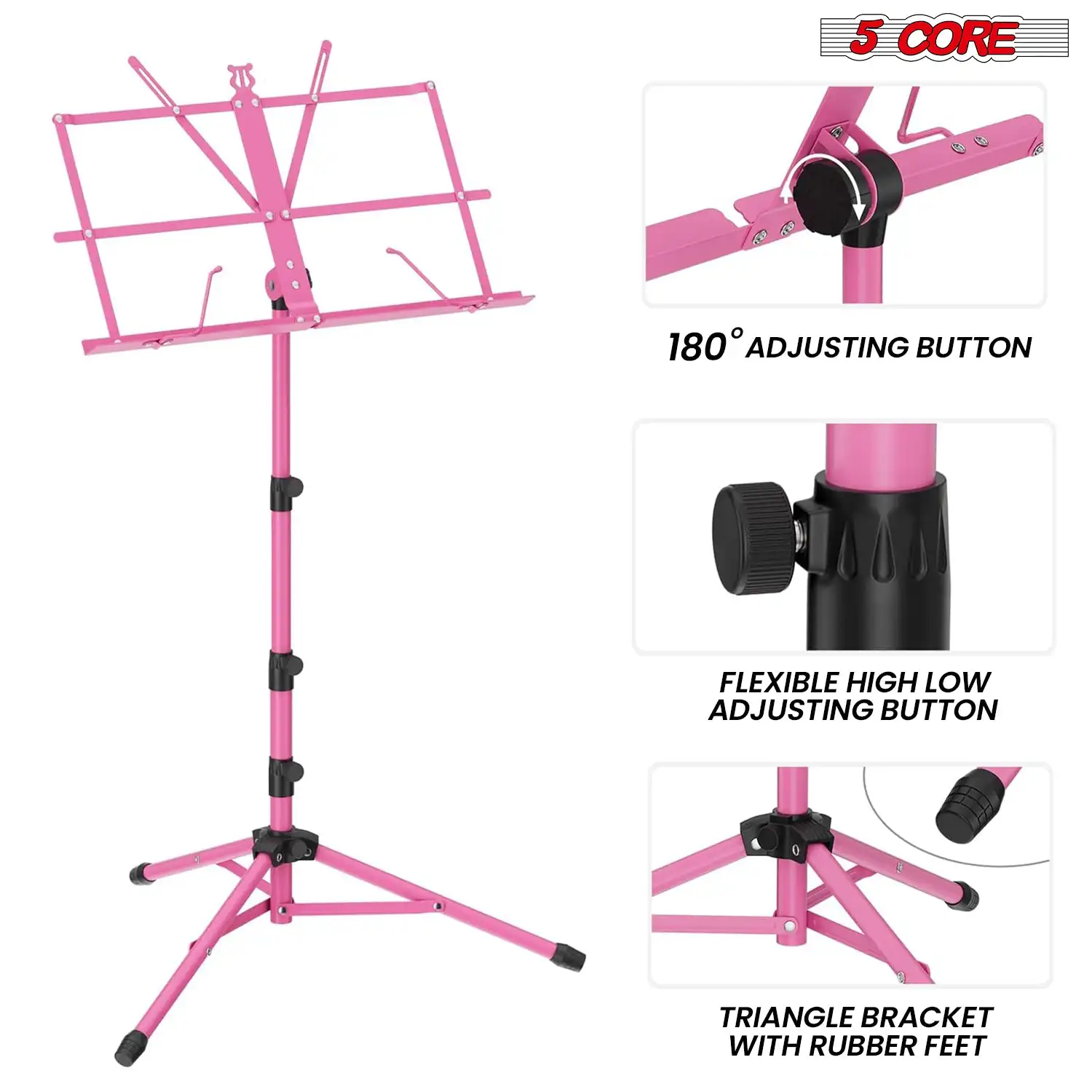 Soporte para partituras 2 en 1 de 5 núcleos, doble uso, portátil, ajustable, 28-67 pulgadas, plegable, para notas musicales, MUS FLD, 4S, PNK