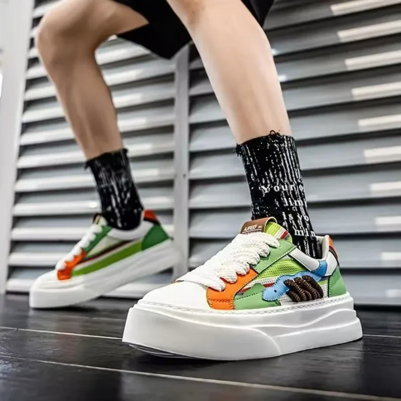 

2025 Men Color Lace-up Skateboard Shoes Summer New Breathable Thick Soled Casual Shoes Outdoor Comfortable Soft Walking Footwear