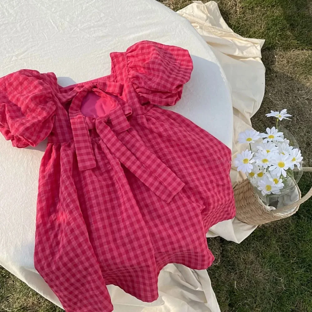 Summer Rose Pink Plaid Bow Dress Elegant Lolita Child Girls Dress Children Dresses Teens Party Princess Sundress Kids Clothes