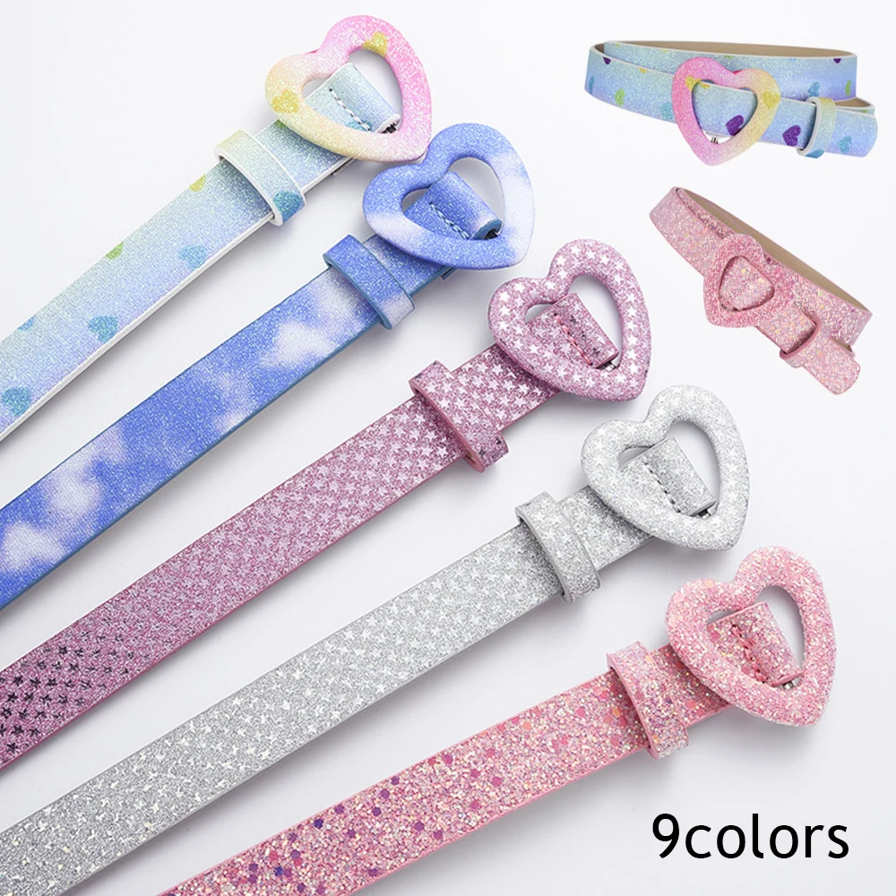 

Children Solid Color Faux Leather Belt Love Heart Shaped Buckle Shiny Stars Waistband Girls Sequins Thin Decorative Waistbands
