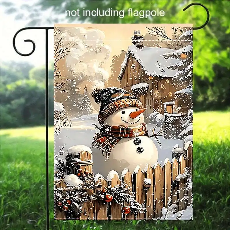 Single-piece, Snowman Snow Garden Flag, Fenced and Cabin, Flagpole Free, 12X18 Double-Sided Holiday Yard Flag, Seasonal Home Decor, Fade-Proof Design, Flagpole Free