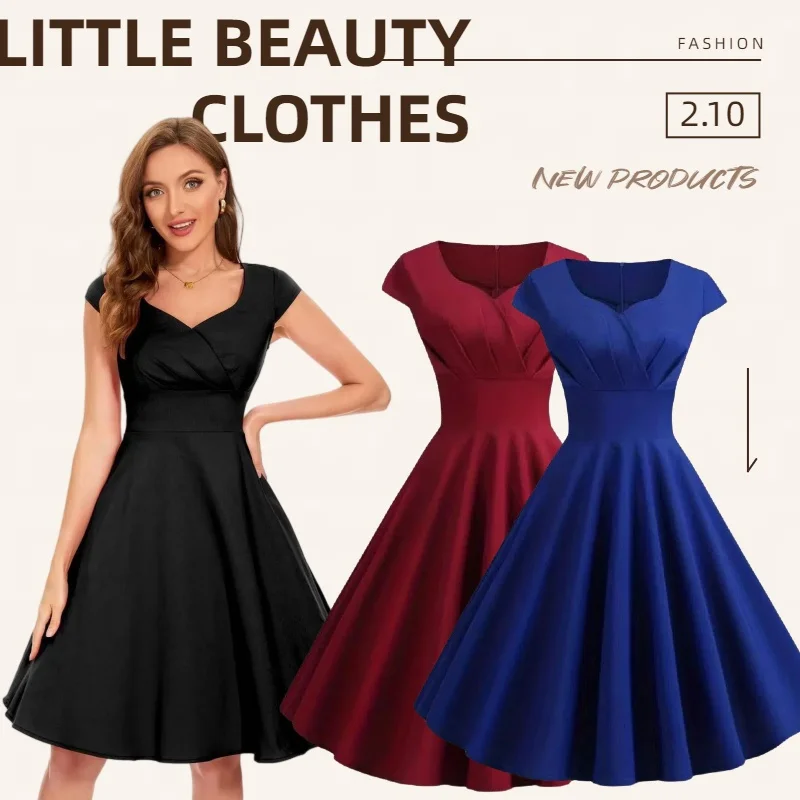 Vestido Retro elegante con cuello en V para mujer, chaleco de Color liso, corte en A, Pinup, fiesta de negocios, oficina, trompeta, azul