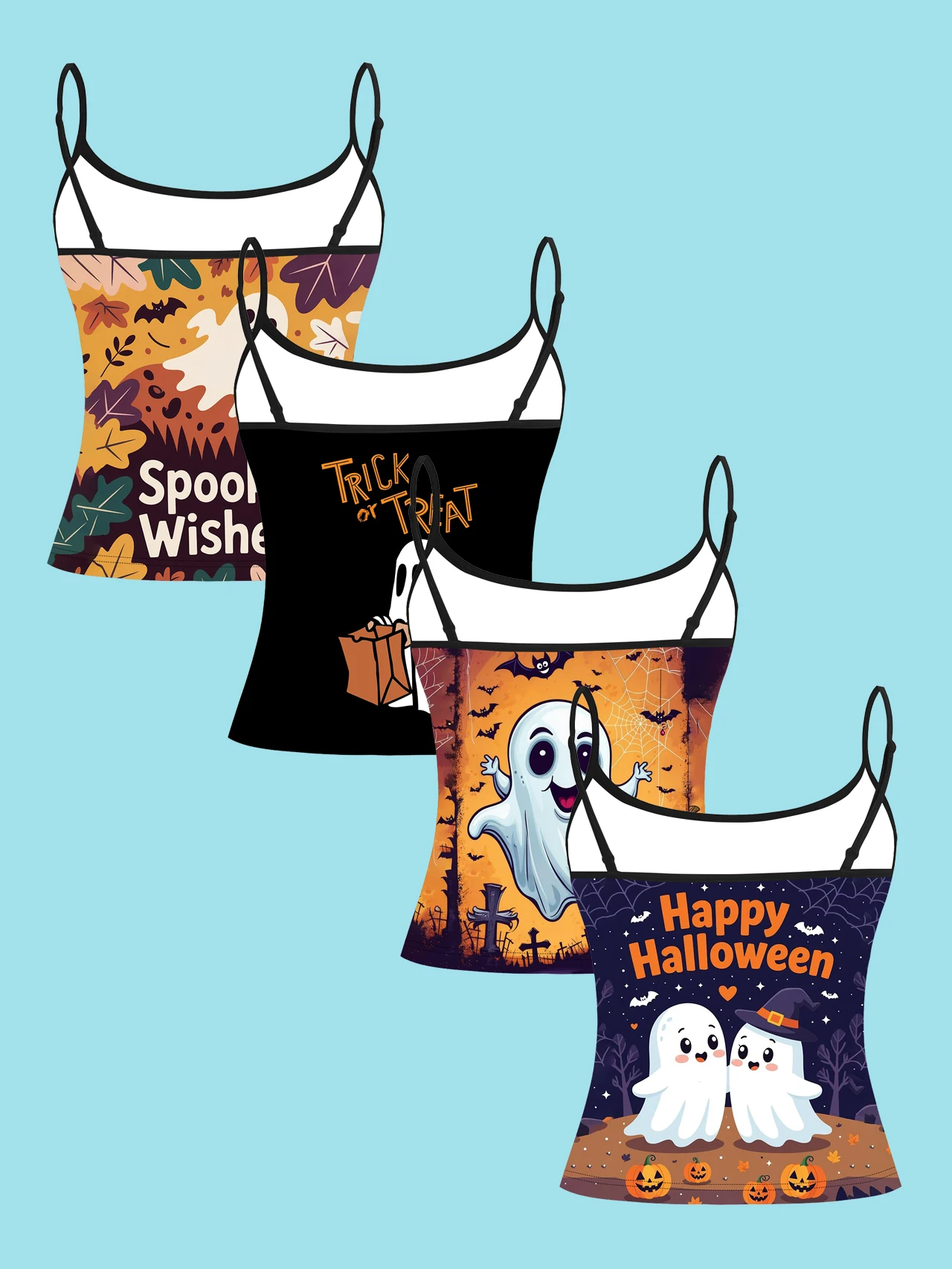 4-Pack Halloween Cute Ghost Maple Leaf Women's Camisole Cartoon Fun Print Slim Fit Spaghetti Strap Short Camisole Top