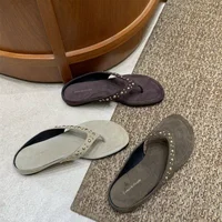 Women's Studded Suede Flip Flops, Square Toe Slip-on Sandals, Comfortable Casual Summer Footwear for Street Style - Image 4