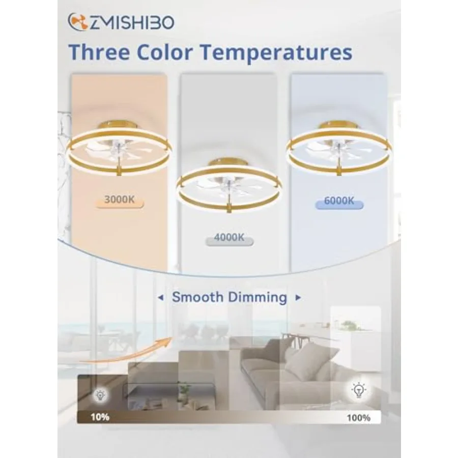 Ceiling Fans with Lights and Remote, 19.7'' Low Profile Ceiling Fan, 3000-6000K Dimmable Modern Flush Mount LED Fan Light, 6 Wi view 2