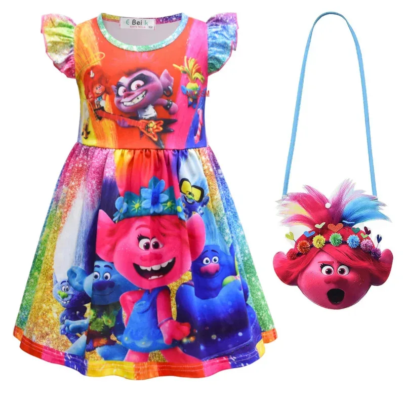 Kids Trolls Dress for Girls Summer Cartoon Children Clothing Milk Silk Ruffle Sleeve Princess Dresses Birthday Floral Clothes