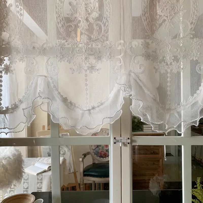 White Wave Embroidered Flowers Window Valance Living Room Elegant Lace Curtain Valance Warp Ruffled Short Curtains Kitchen