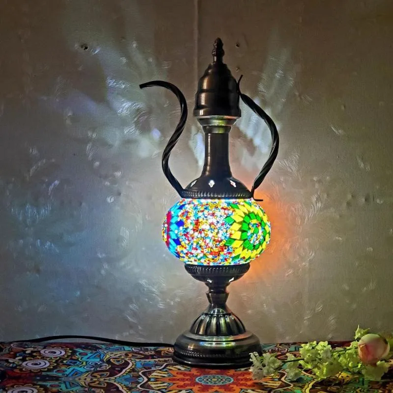 

Turkish Antique Glass Table Lamp Coffee Pot Night Light Bedside Desk Lamp Decoration Lightings For Bedroom Deco Home