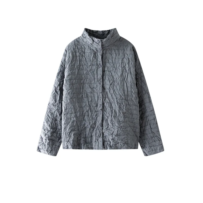 Miyake‑Inspired Crinkle Quilted Jacket Women Stand Collar Button‑Up Lightweight Loose Wrinkle‑Resistant Long Sleeve Outer Coat