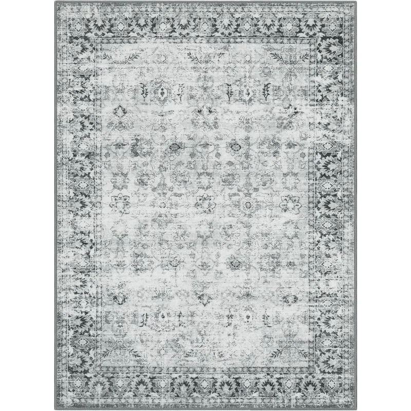 Washable 9x12 Area Rugs for Living Room, Large Grey Neutral Boho Floral Rug, Soft Anti-Skid Thin Rug, Vintage Faux Wool Rug