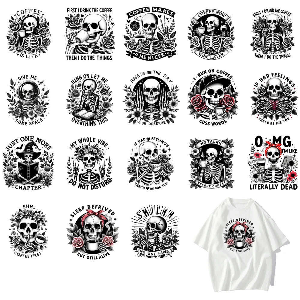 18 types Black and white skull rose personality punk bone rack DTF Thermo Sticker Decals Heat Transfer Clothes Clothing Crafts