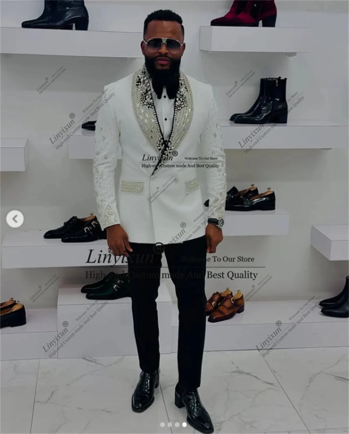 Sparkly Beaded Crystals Tuxedo Men Suits 2 Pieces Sets Wedding Groom Slim Prom Blazers Customized Double Breasted Costume Homme