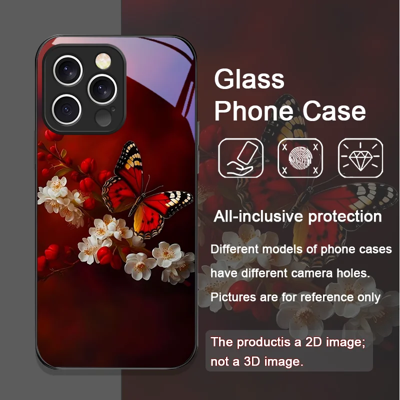 الفاخرة الأحمر فراشة زهرة نمط الزجاج المقسى جراب هاتف آيفون 16 برو ماكس 15 14 13 12 Mini 11 PRO XS XR 7 8 Plus غطاء