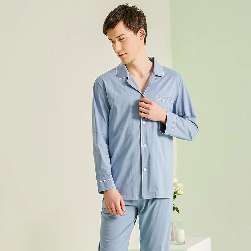 Pijama de algodão casual solto masculino, conjunto de pijamas de manga comprida, lingerie íntima, roupa para casa, novo primavera