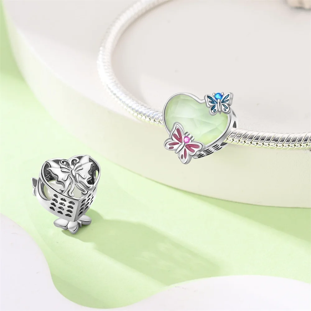 

Charms Original 925 Sterling Silver Luminous Spring Colors Hearts Plants Insects Beads Fit Bracelet Diy Fine Gift Women Delicate