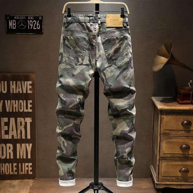 Street Designer Fashion Men Jeans Stretch Slim Fit Spliced Camo Cargo Pants Street Hip Hop Vintage Casual Denim Pants Hombre