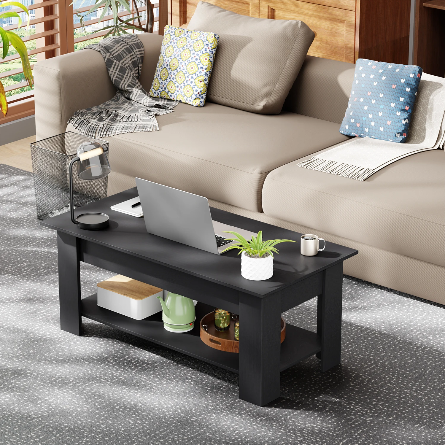 

39 Inch Coffee Table with Lift Top, Hidden Large Storage Compartment and Lower Shelf for Home Living Room, Reception Room Office