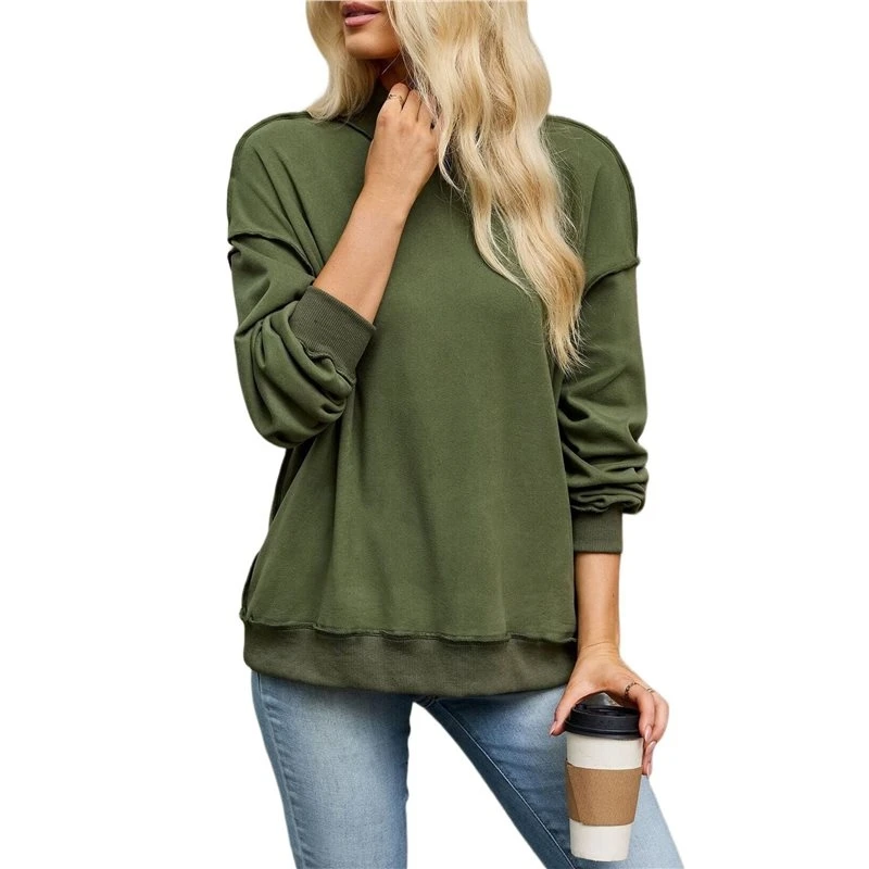 Women's Solid Mock Neck Raw Edge Loose Long Sleeve Sweatshirt Army Green S Eco-Friendly