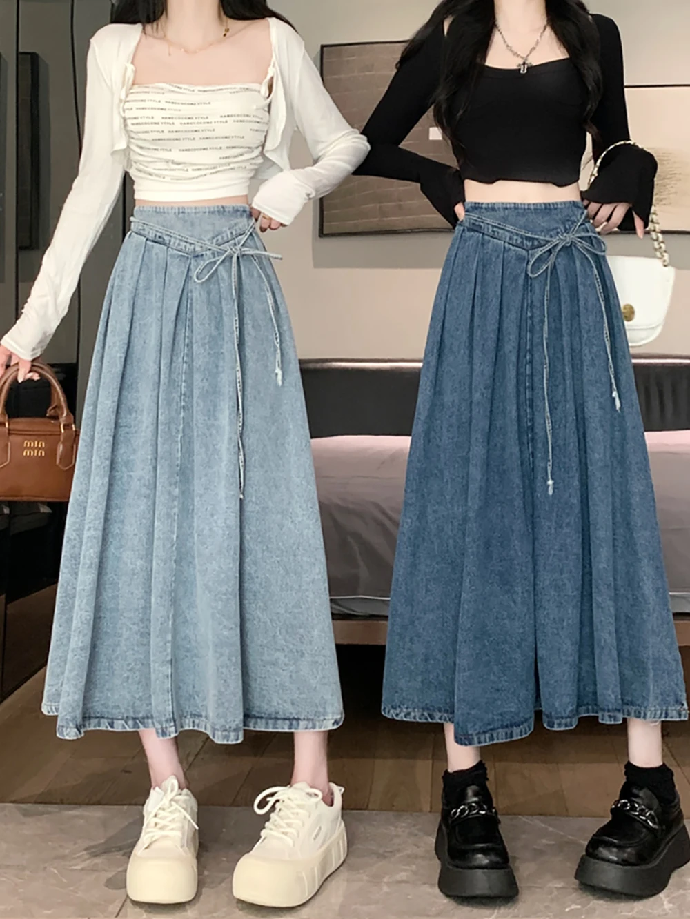 Fashion Women\'s Denim Skirt 2024 Summer New Single-Breasted High-Waist Slim A-line Long Skirts Female Elastic Waist Lac-up Skirt