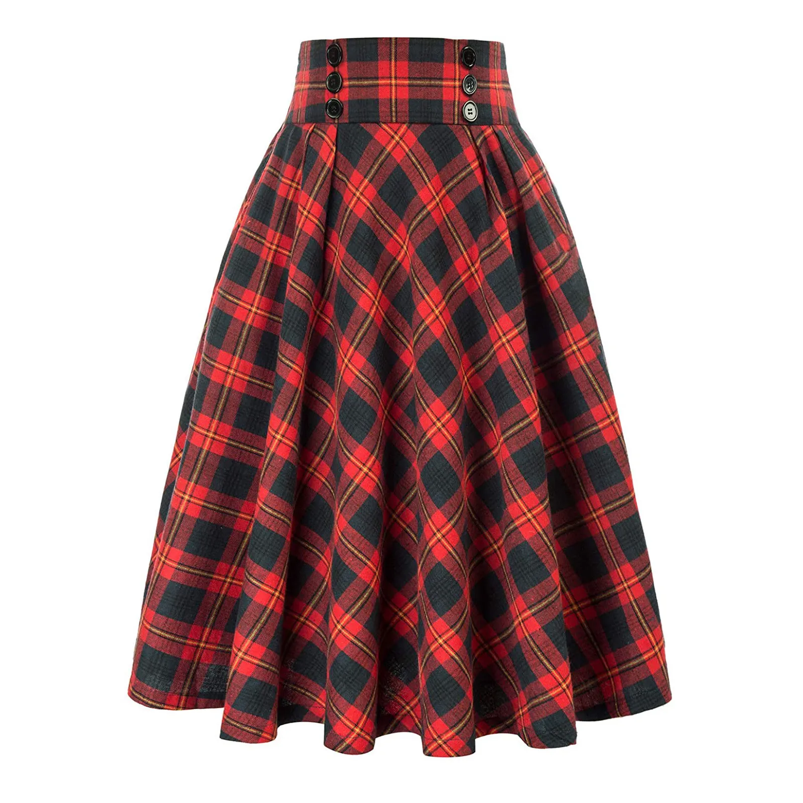 

Women Vintage Pleated Plaid Skirt Button Decoration Plus Size Skirt Autumn Winter High Waist Korean Style Preppy Midi Skirts