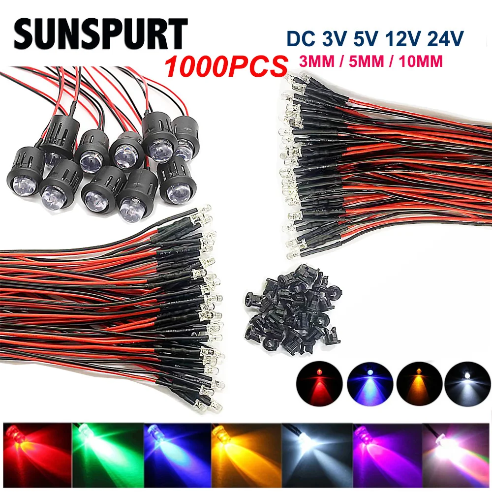 20-1000pcs 3V 5V 12V 24V 3/5/10mm woda czysta dioda LED czerwony/zielony/niebieski/żółty/UV/pomarańczowy/różowy/ciepły/biały/RGB wstępnie okablowany