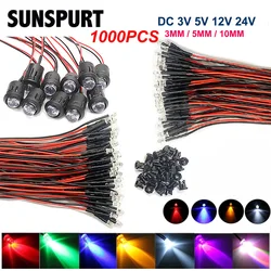 20-1000pcs 3V 5V 12V 24V 3/5/10mm Water Clear LED Diode Red/Green/Blue/Yellow/UV/Orange/Pink/Warm/White/RGB Pre-Wired 20cm Cable