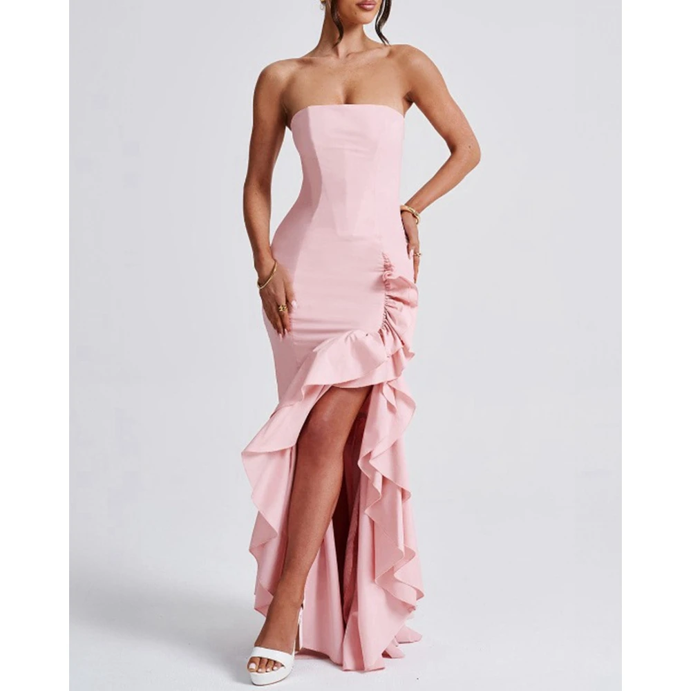 

Bandeau Night Dress Women Elegant Irregular Ruffled Hem Strapless Bodycon Long Dress Maxi Dress Party Dresses