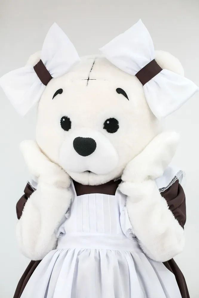 

Cute Plush Bear Mascot Costume with Apron Dress Maid Outfit Cartoon Doll Apparel Halloween Christmas Performance Wedding Suits