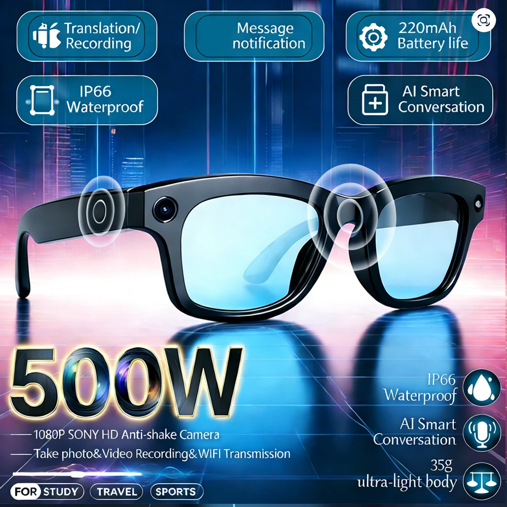 

2026New Man 500W AI Smart Glasses Camera AI Translation Voice Bluetooth Call WiFi 4K HD Waterproof Anti Blue Light Women Glasses