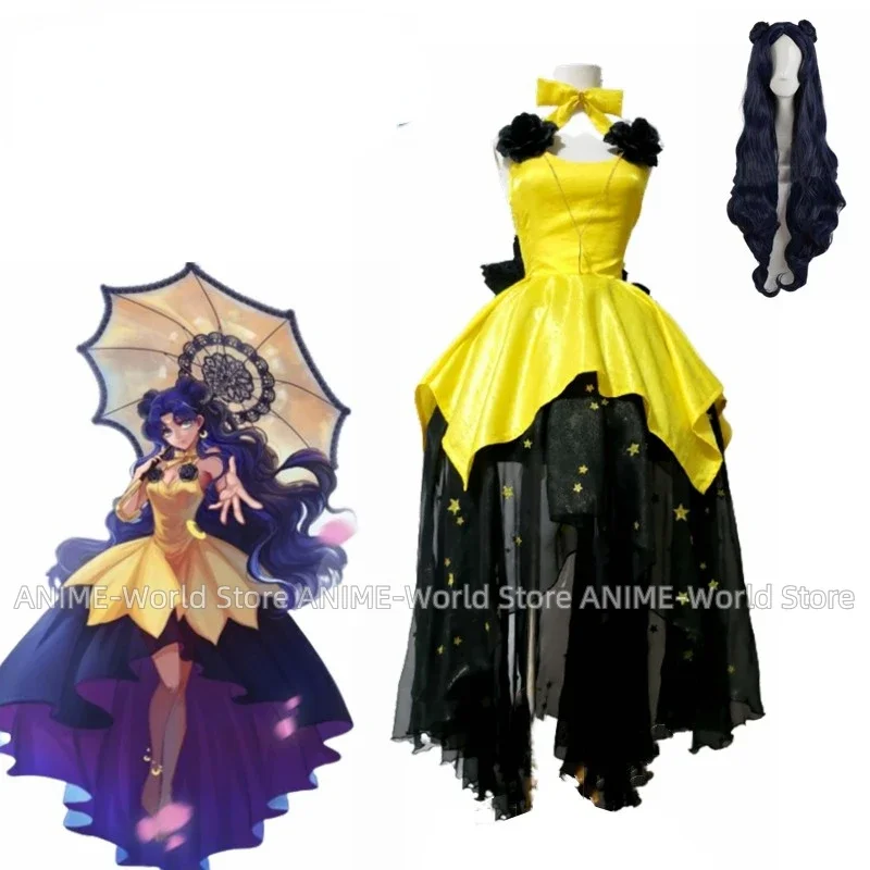 Anime Cosplays Cat Luna Cosplay Costume Yellow Dress Female Christmas Gift Yellow Formal Dress Purple Wig