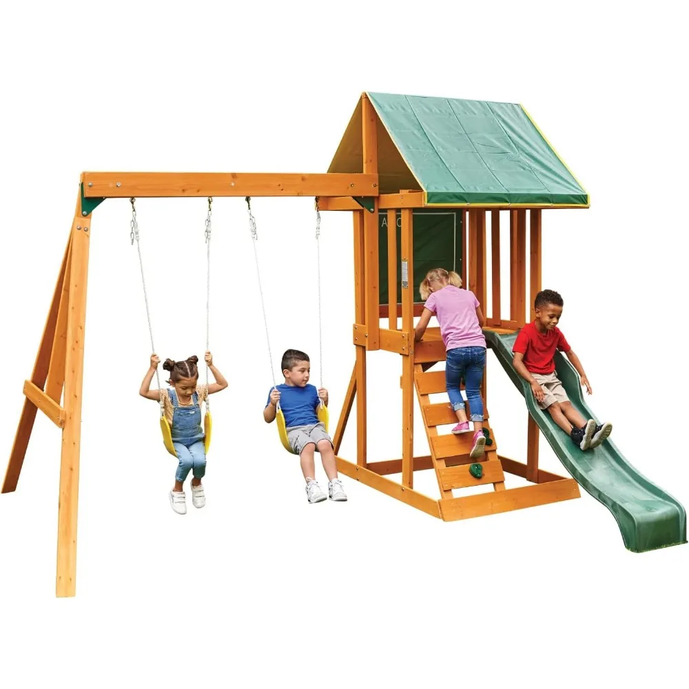 Wooden Swing Set Is Pre-treated with A Water-based Stain That Includes UV and Mold Protection To Hold Up Against The Elements