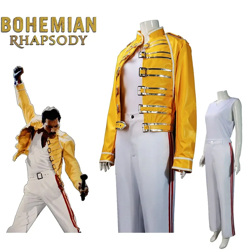

Костюм для косплея Queen Lead Vocals Freddie Mercury, желтая куртка, наряд для взрослых и мужчин, пальто, карнавальный костюм на Хэллоуин