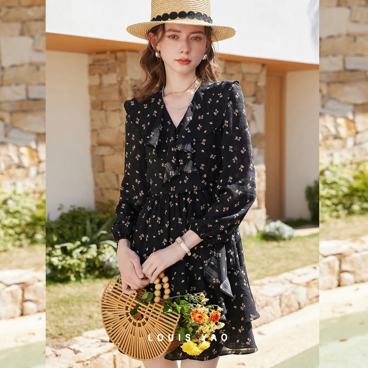 

Платье женское LOUIS YAO Ladylike Sweet Floral, весна-лето 2026, с оборками, приталенное, средней длины, с V-образным вырезом