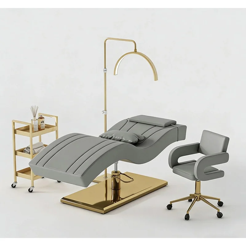 custom.High Quality Salon Furniture Black Gold Cosmetic Salon Bed Set Luxury Modern Height Adjustable Eye Lash Bed with Chair