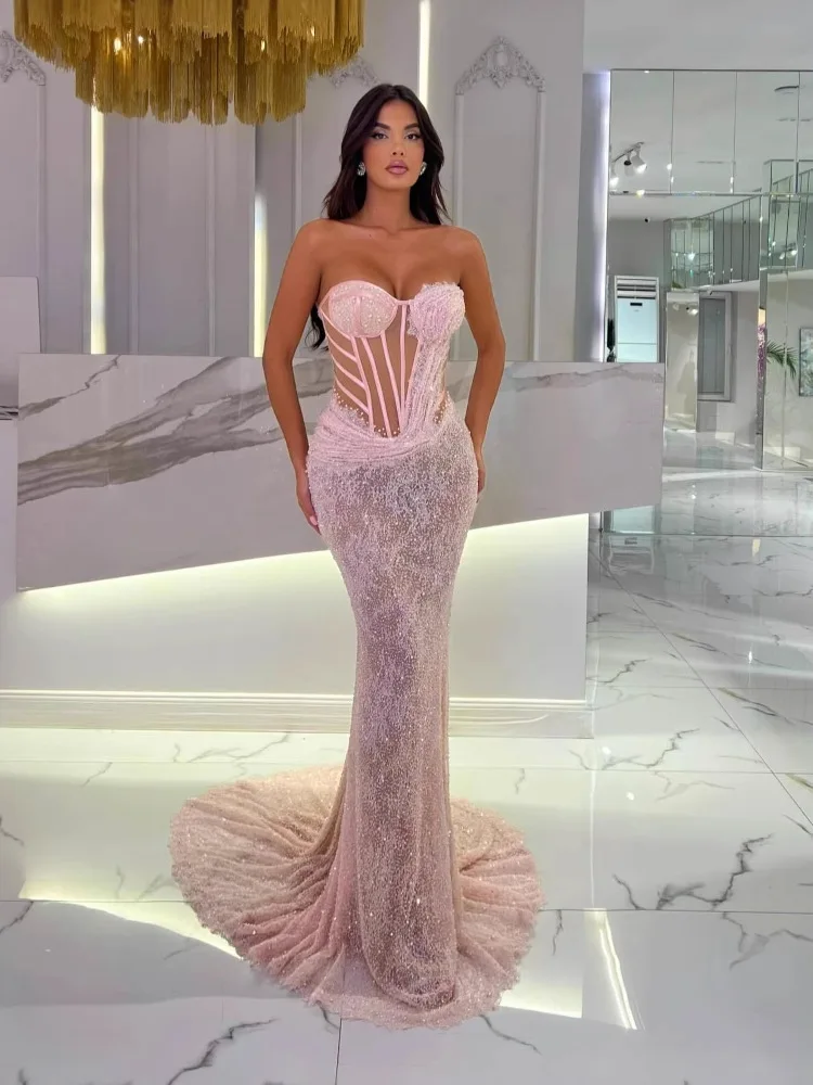 

2025 женское сексуальное платье знаменитостей без бретелек в стиле пэчворк, сетчатое розовое платье с блестками, элегантное вечернее клубное платье