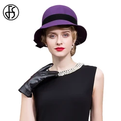 FS 2024 Purple Big Fedora Winter Hat Woman Elegant Bowler Hat With Bow Wool Felt Fedoras Lady Vintage Elegant Church Millinery