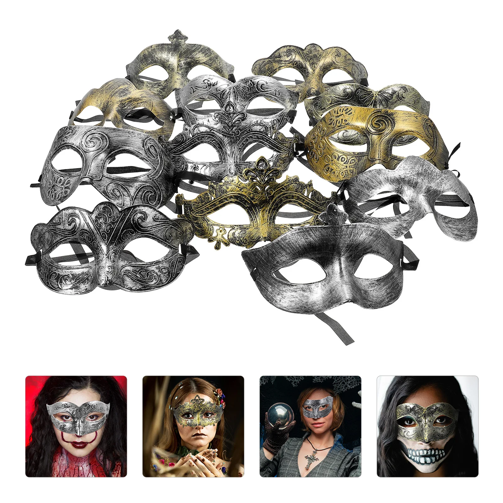 

12 Pcs Retro Half Face Mask Halloween Masquerade Party Vintage Masks Short Hair Plastic Pretty Costume Lovers Carnival