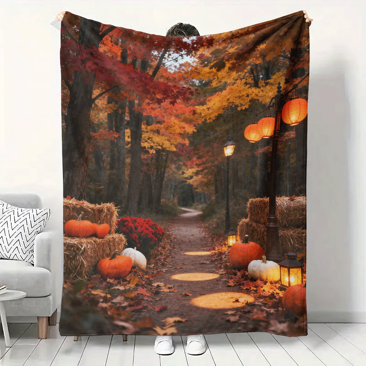 

an Autumn Forest Pumpkin Warm Lamp Warm Blanket, Autumn Harvest Atmosphere Home Warm Blanket