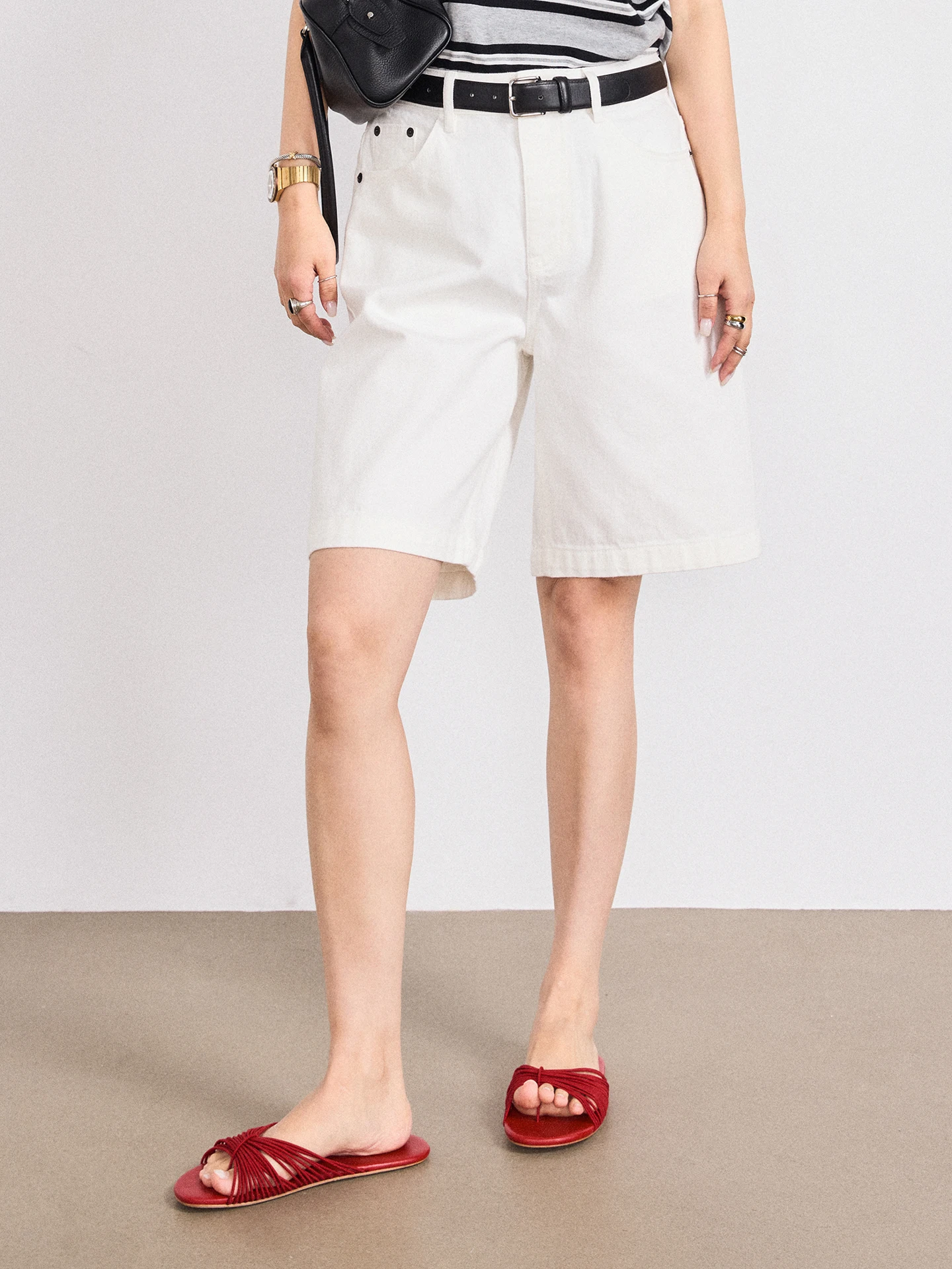 

MARRYHER Stylish Straight Leg Cotton Denim Jeans Women's Casual Mid-Length Summer Trousers Fashionable CleanFit White