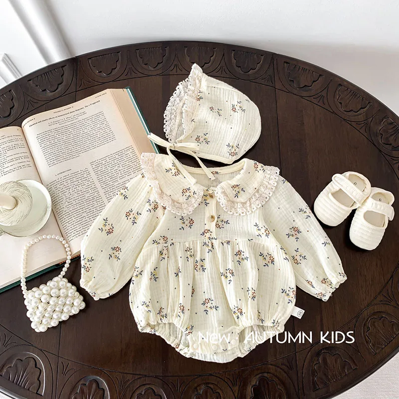 2024 New Autumn Baby Bodysuit 2pcs Girls Thin Floral Daily Jumpsuit with Hat 0-2Y Toddler Peter Pan Collar Outfits