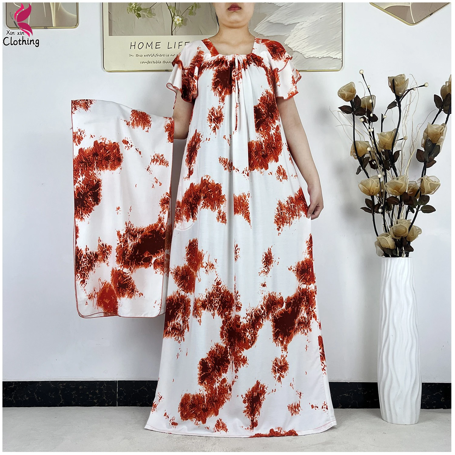 

2026 New Dubai Elegant Dress Short Sleeve Cotton Women Loose Abaya Boho Maxi Dress Casual Fashion Tie-dye Dress African Vestidos