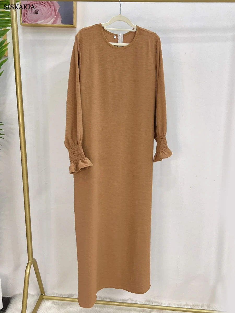 Siskakia Dubai Saudi Casual Solid Modest Abaya Morocan Turkish Lantern Sleeve O-Neck Daily Clothing Muslim Gulf Under Dress