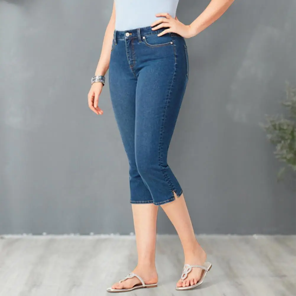 Women Cropped Jeans Slim Fit Gradient Color Button Zipper Closure Pockets Split Mid Waist Pants Mid-calf Length Trousers