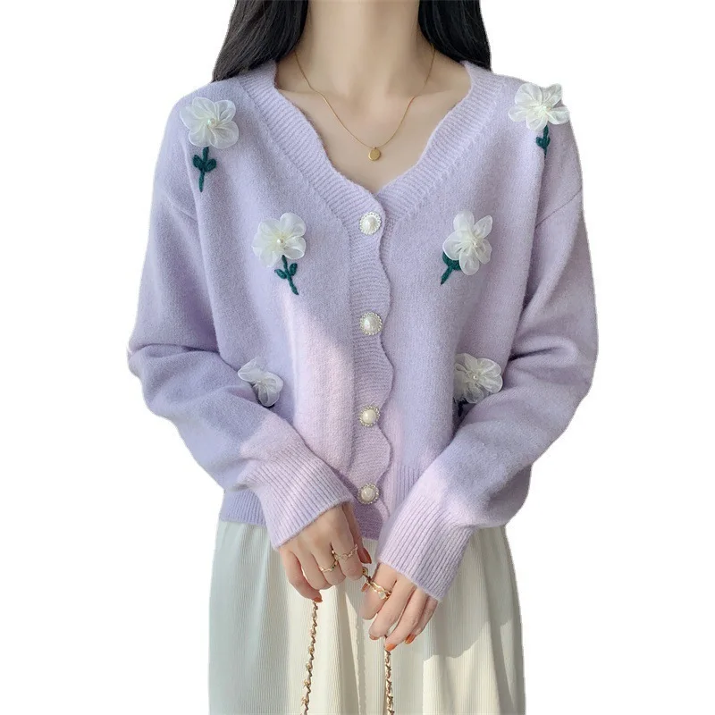 2025 جديد الحلو ثلاثي الأبعاد الزهور مطرز سترة مشغولة من الصوف الإناث لينة شمعي تخفيض العمر الخريف سترة معطف الإناث