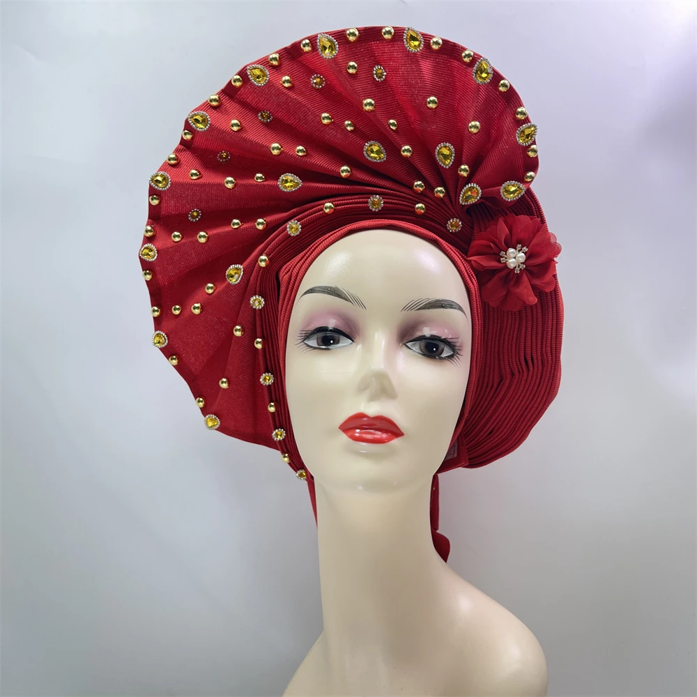 

Африканский геле, роскошный хрустальный камень Aso Ebi, розовый головной убор, тюрбан, женский головной убор, уже в нигерийском стиле