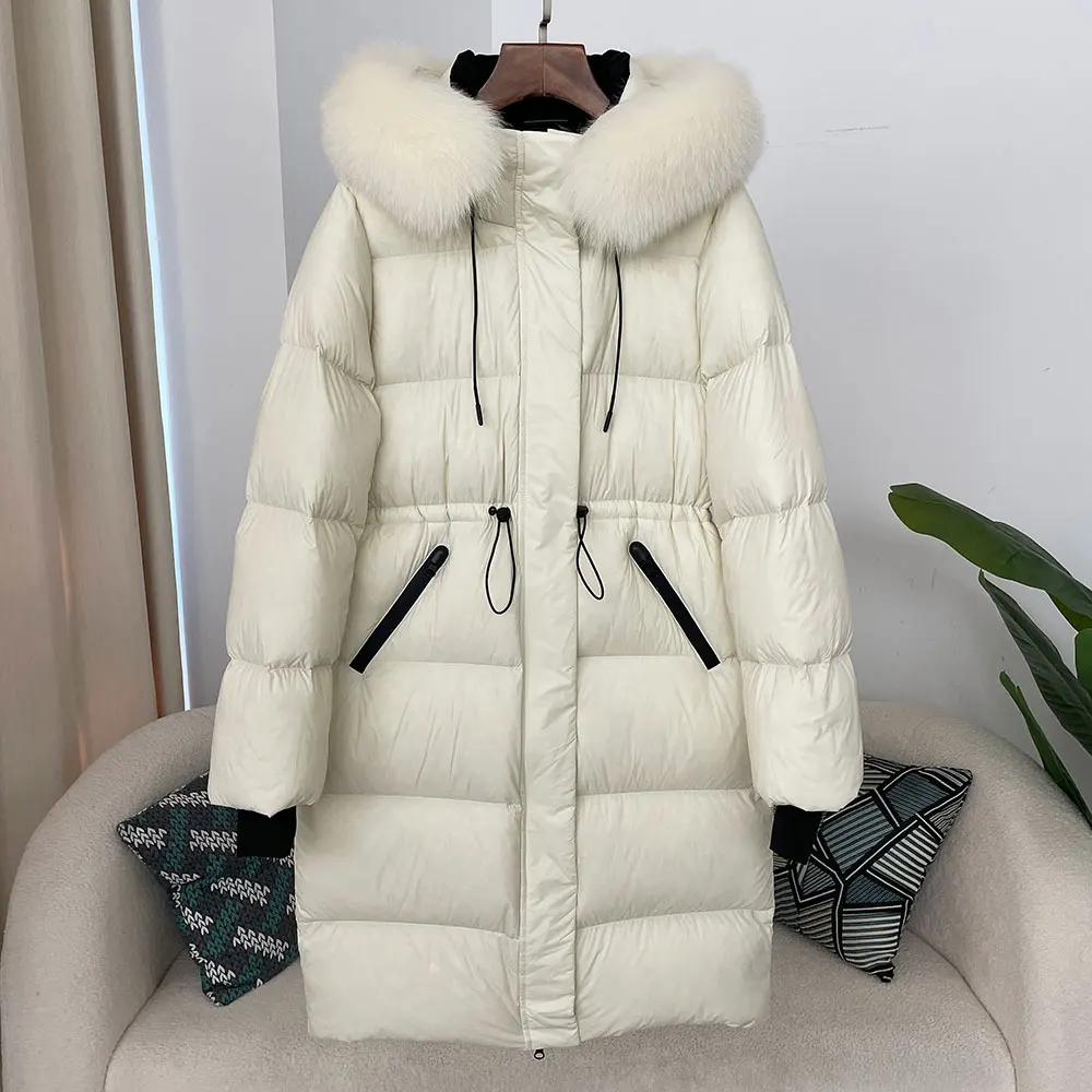 2024 Winter New Slim Warm Jacket Female Casual Fashion White Duck Down Real Fox Fur Real Raccoon Fur Long Hooded Coat Women