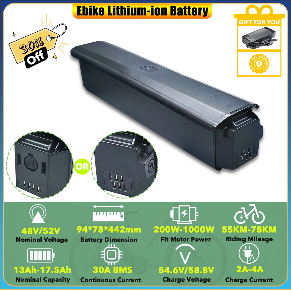 Reemplazo de batería de litio de 48V, 13Ah, 15Ah, 52V, 16Ah, 17,5Ah para bicicleta eléctrica Velowave Ghost/Ranger Series/Ranger ST Series